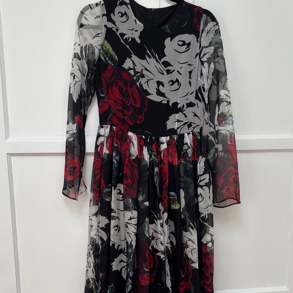 Dolce & Gabbana Black and Red Floral Long Sleeve Dress